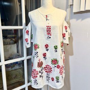 White Linen Mini Dress Embroidered Sz S
